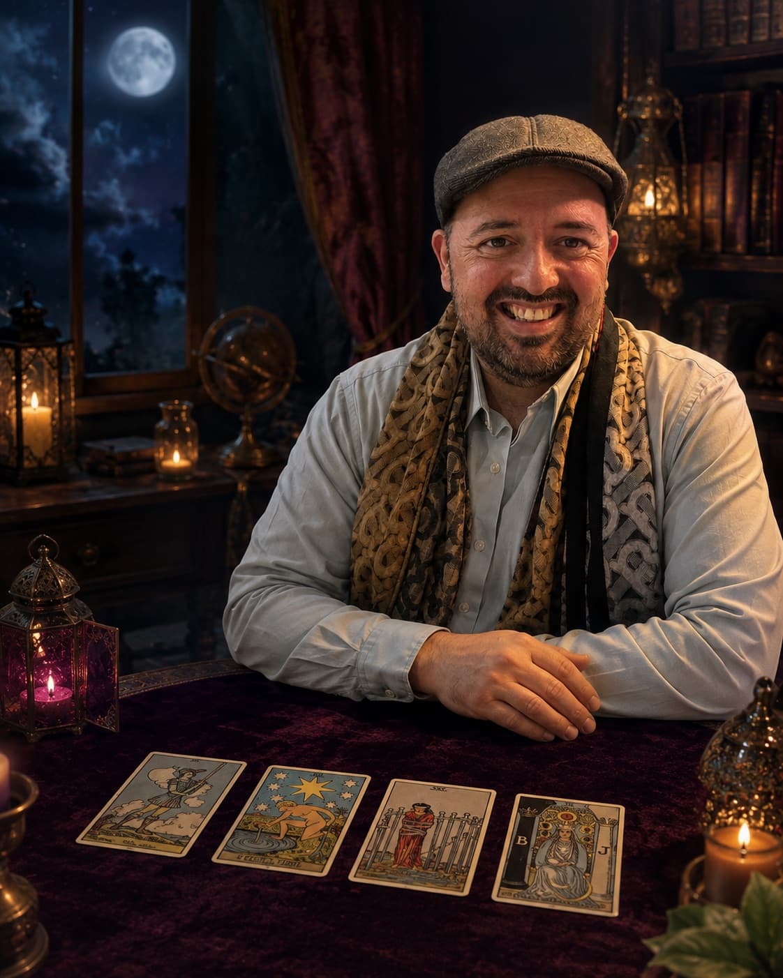 Luis, lector de tarot de Armonía Interior, con sus cartas